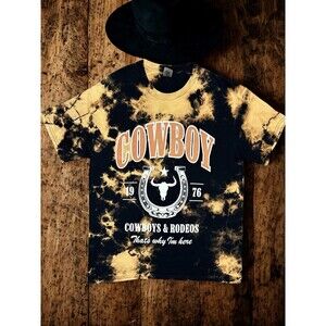Cowboy Rodeo Tie Dye Graphic T-Shirt Gildan Heavy Cotton Size M Bleach Dyed